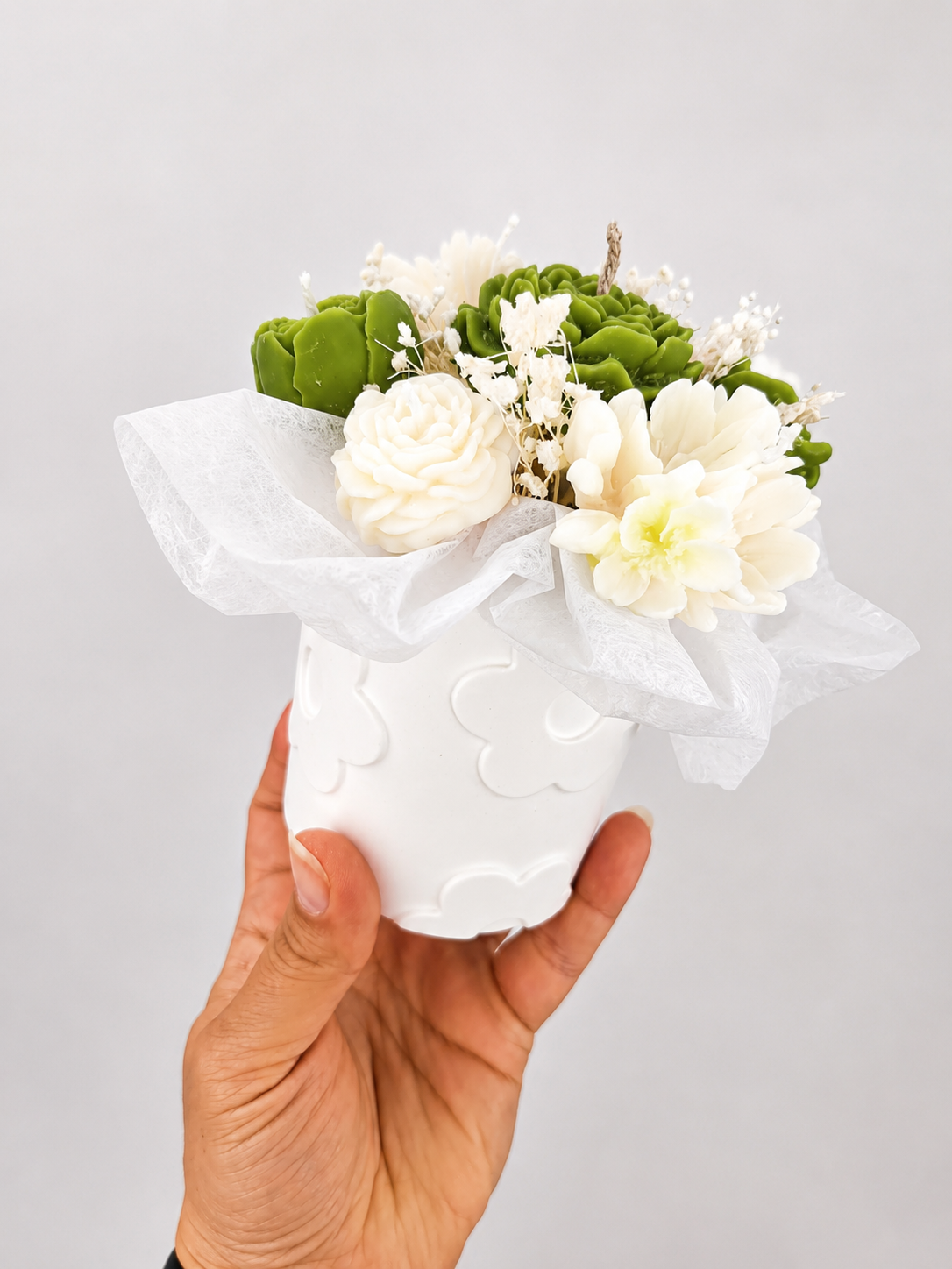 Bouquet floral en cire parfumée – Contenant Jesmonite - Verveine