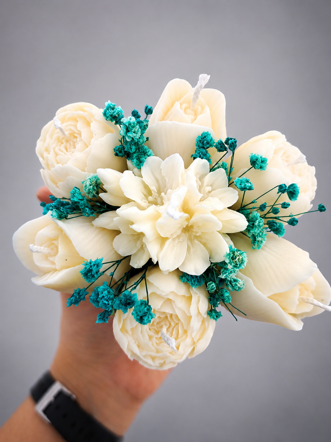 Bouquet floral en cire parfumée – Contenant Jesmonite - Linge Frais